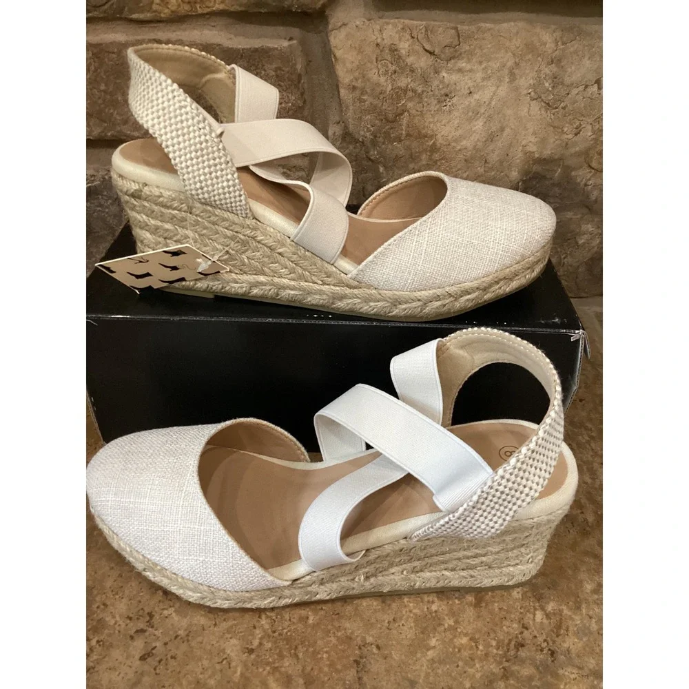 Mysoft Womens Espadrille Wedge Sandals Beige JDS04 Cross Strap Size 8 NEW